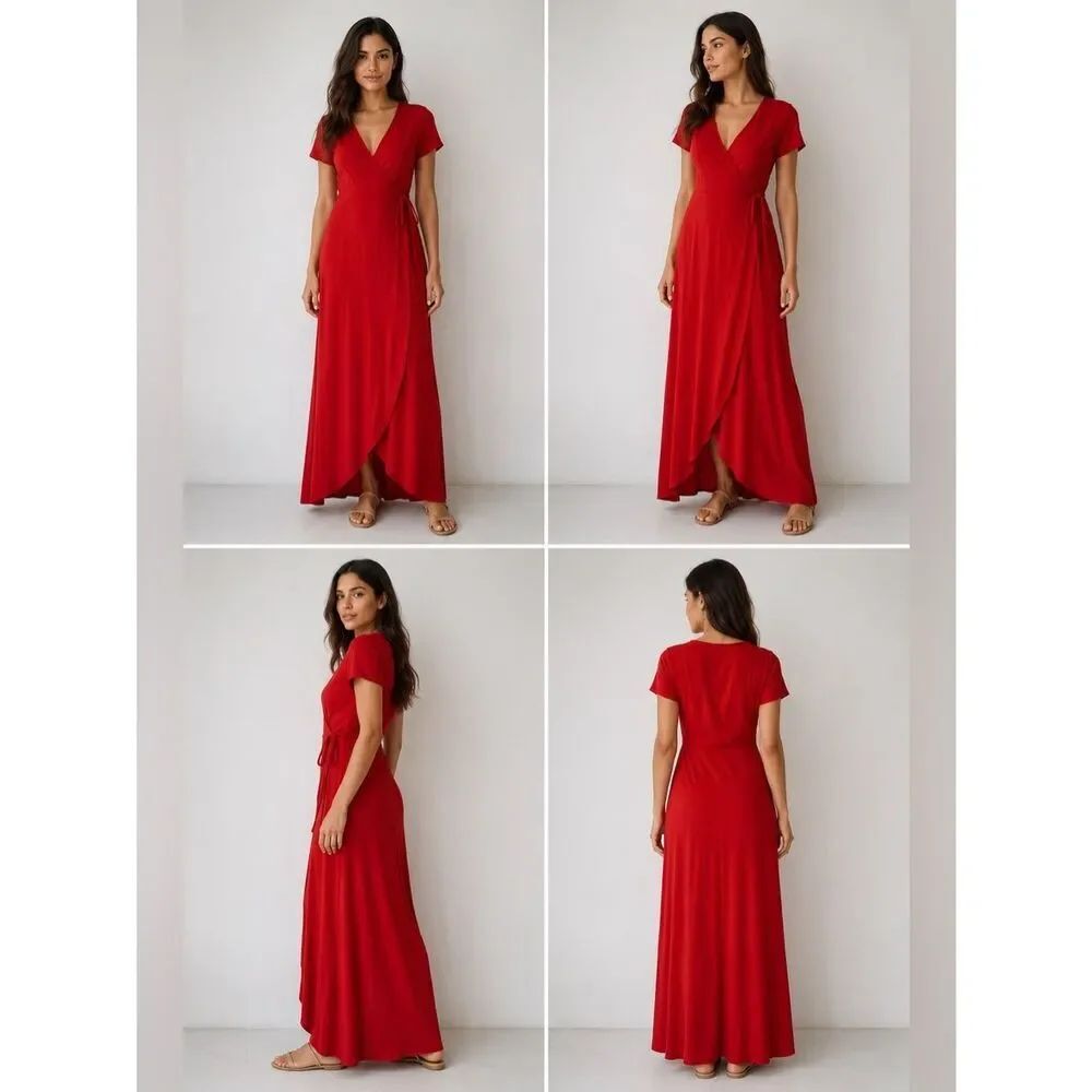 Rolla Coster Women’s Knit Vneck Red Fit & Flare Faux Wrap Midi Dress Size L